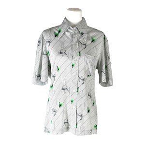 Vintage Dagger Collar Shirt Button Up OP Art Deer Stag White Black Green 70s Psy